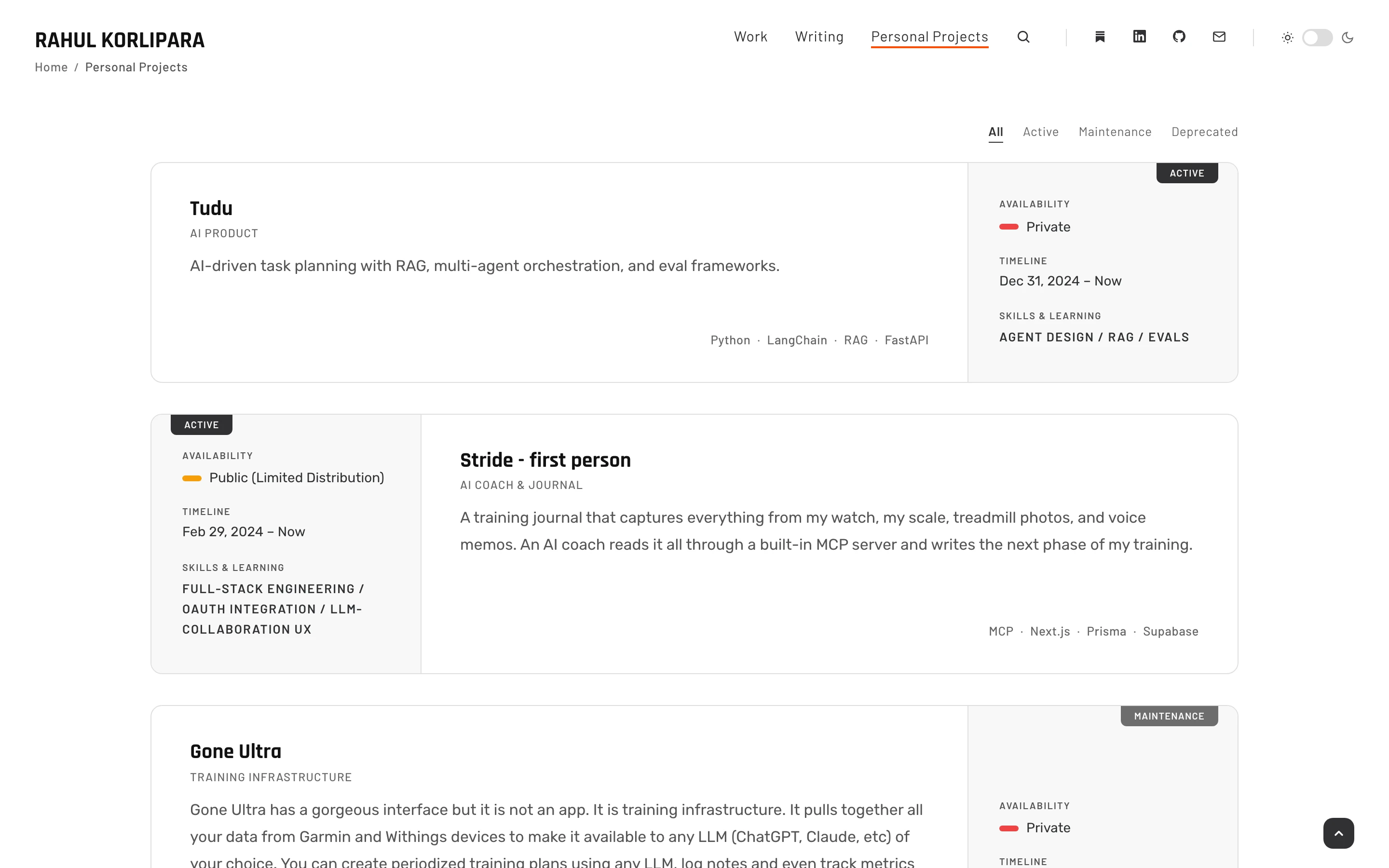 Personal Projects card system